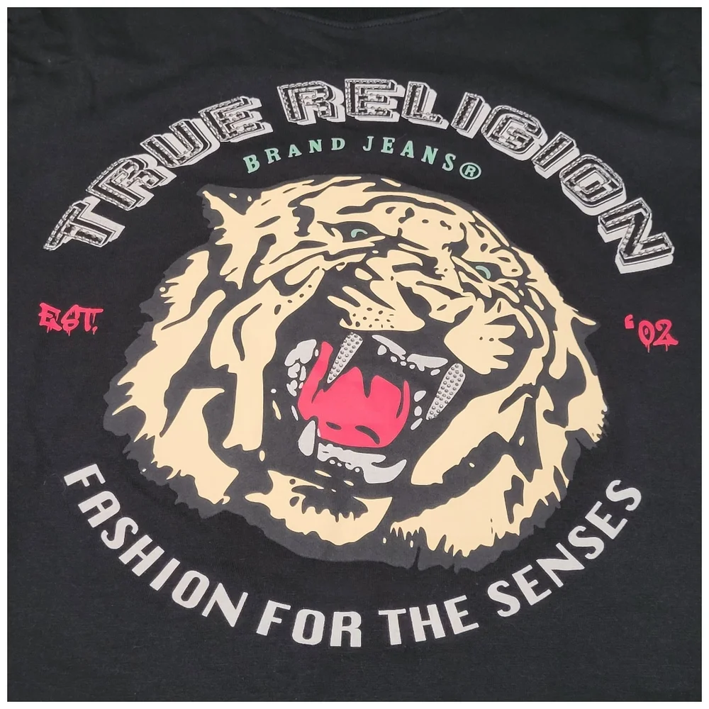 NEW True Religion Black Crew Neck Tee Shirt Tiger Bling Graphic Size M
